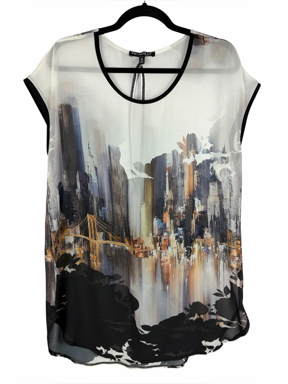 Picadilly Canada Cityscape Sheer Tunic Top Keyhole Back Medium
